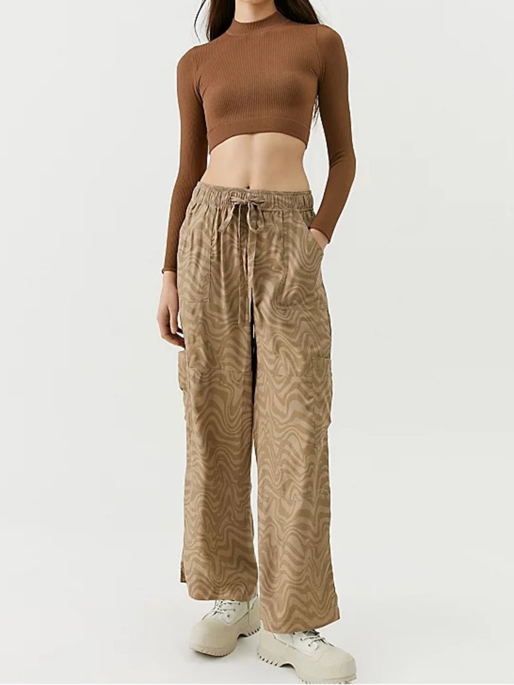 Urban Outfitters Wide-Leg Flowy Drawstring Pants in Brown Tan Print Sz-S.   GG20